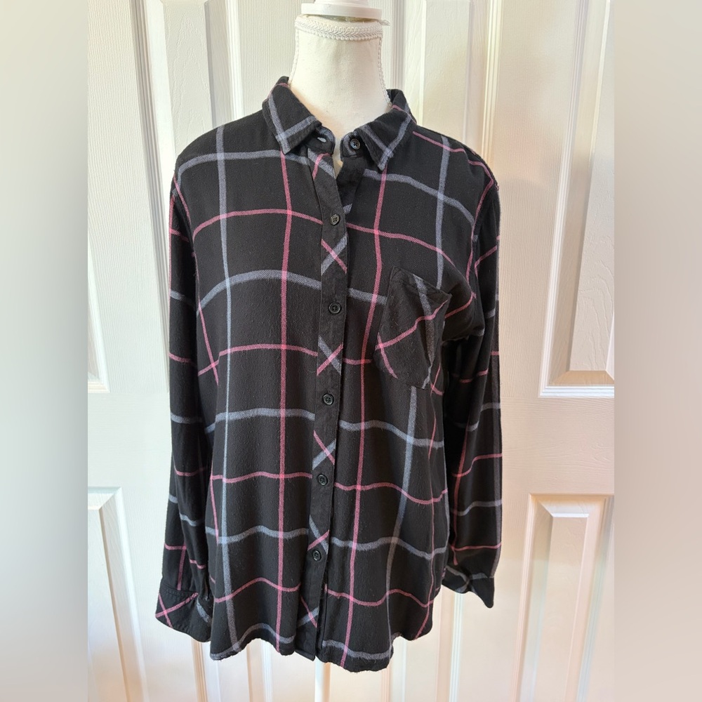 Rails Black Aqua Pink Button Up Flannel Shirt Size M